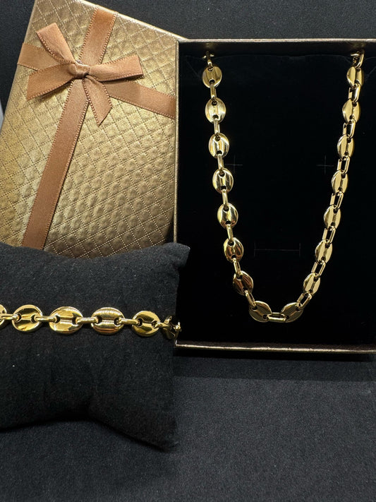 Ensembles Maille Grain De Café Grand Modèle Collier + Bracelet En Acier Inoxydable