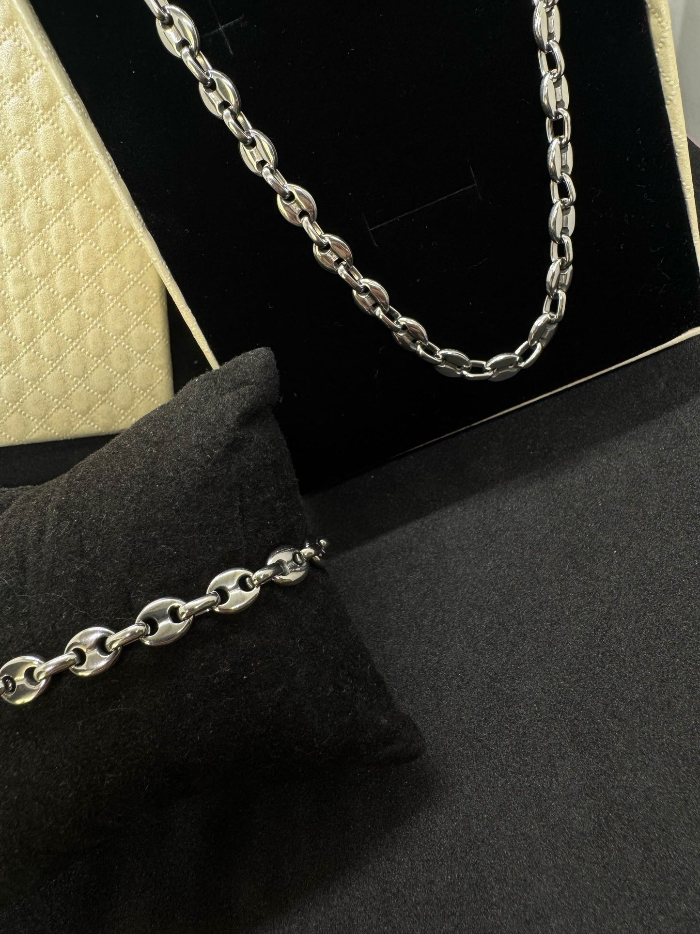 Ensembles Maille Grains de Cafè Petit modèle Collier + Bracelet En Acier Inoxydable
