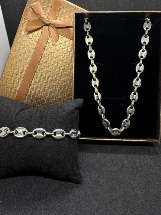 Ensembles Maille Grain De Café Grand Modèle Collier + Bracelet En Acier Inoxydable